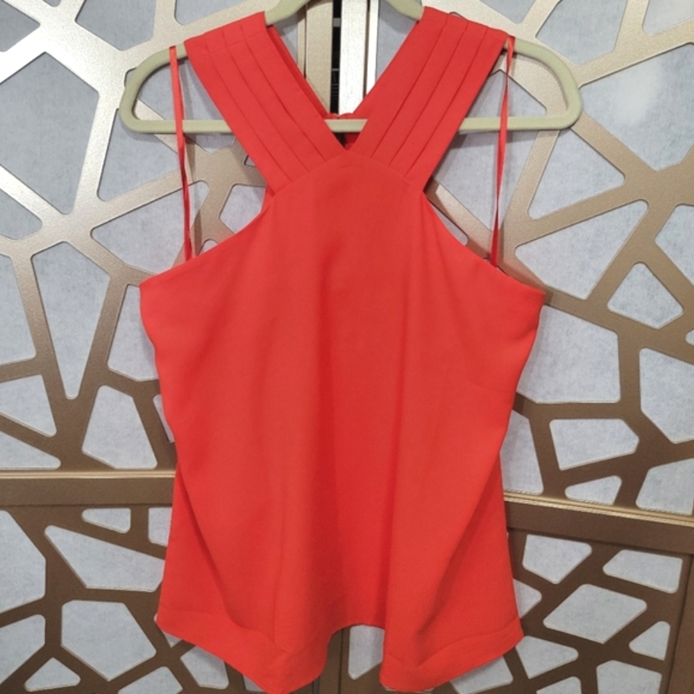 NWT ANN TAYLOR FACTORY Poppy Red-orange Crepe Pleated Racer Back Blouse